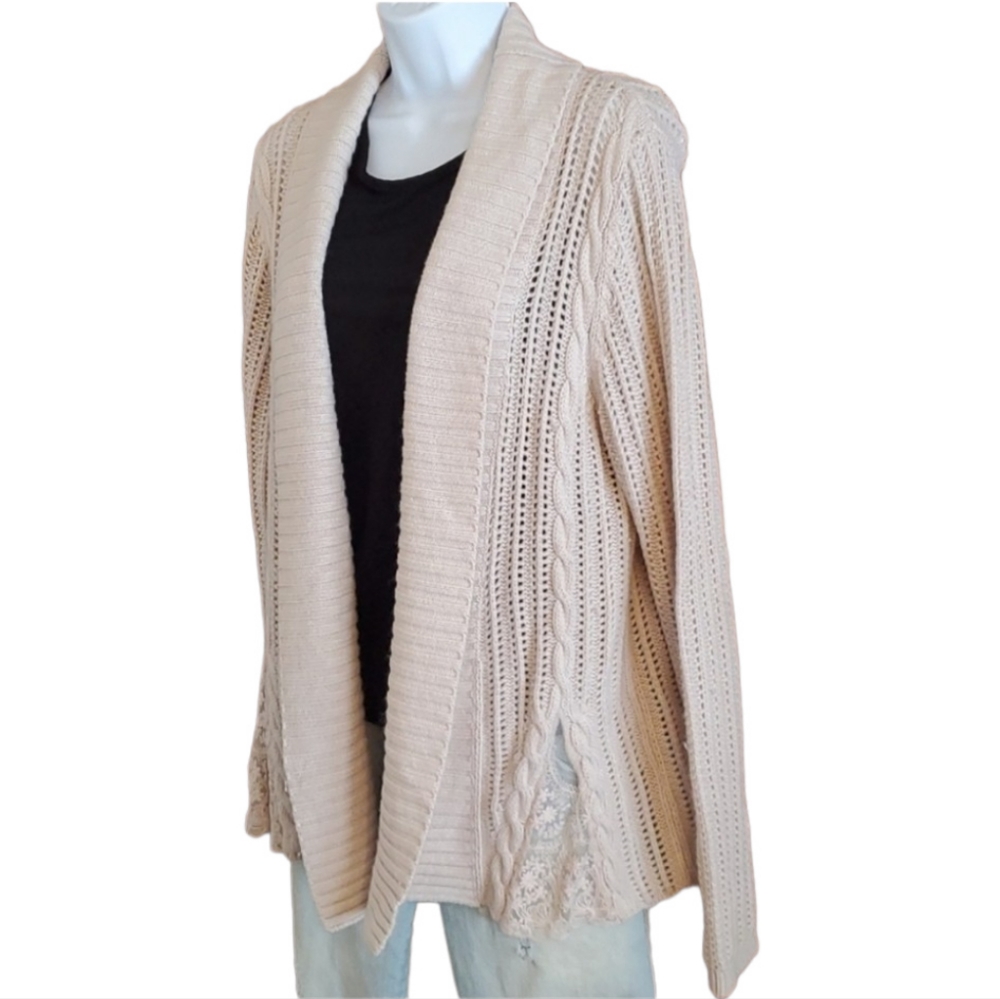Garnet Hill Khaki Cardigan Sweater with Lace Accents